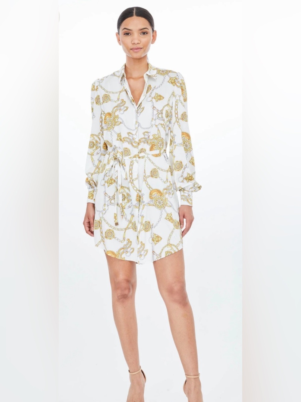 Generation Love Milano Chain Print Satin Shirt Dress Gold Baroque Luxury M
